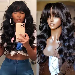 Body Wave Wigs with Bangs Human Hair Wigs for Women Glueless Wigs Brazilian Virgin Hair Glueless Machine Made Wig Human Hair Wigs with Bangs Natural Color 180% Density