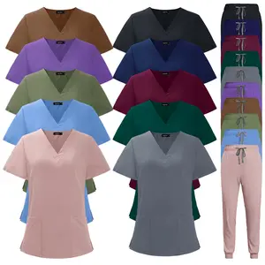 Scrubs for Women Set V-Neck Pocket Top & Drawstring Jogger Scrub Pants