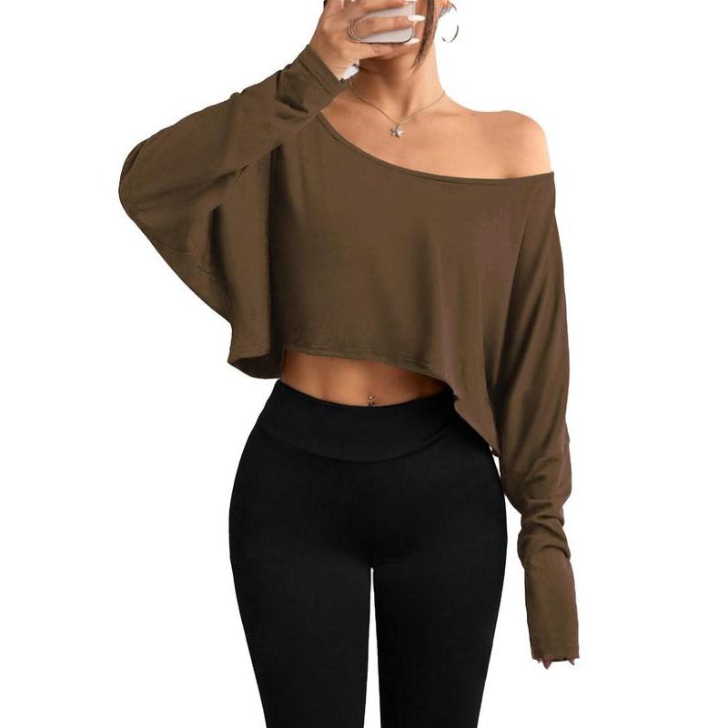 Women's Solid Off Shoulder Loose Tee, Casual Long Sleeve Crop Top for Daily Holiday Outdoor Wear, Everyday Ladies Clothes for All Seasons