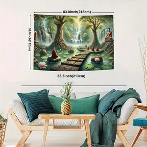 1pc Extra Large 243.84x182.88 cm Tapestry - Asian Landscape with Waterfalls, Buddhist Monks, for Lotus Pond - Polyester Fabric Wall Hanging for Living Room, Bedroom, Meditation Spaces, Weddings, Parties - Serene Home Decor Backdrop, Buddha Wall Art, Weddi
