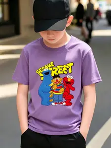 Kids' Multi-Color Sesame Street Black Tee | Classic All-Character Print, Trendy & Versatile Boys' Casual Summer Staple! Character Print Shirt Cartoon Print Tee #Kids Summer Tees #Sesame Street Kids Wear #Versatile Kids Tops