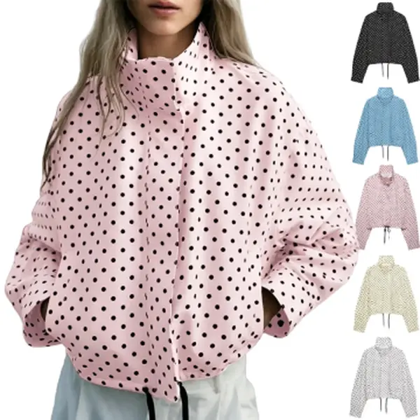 JovenPara Women's Oversized Polka Dot Cropped Windbreaker Coats, Lightweight High Neck Longsleeves Top, Jackets Zip Up, Lady, Zip Up Jackets, Fabric, Athletic, Front Zip