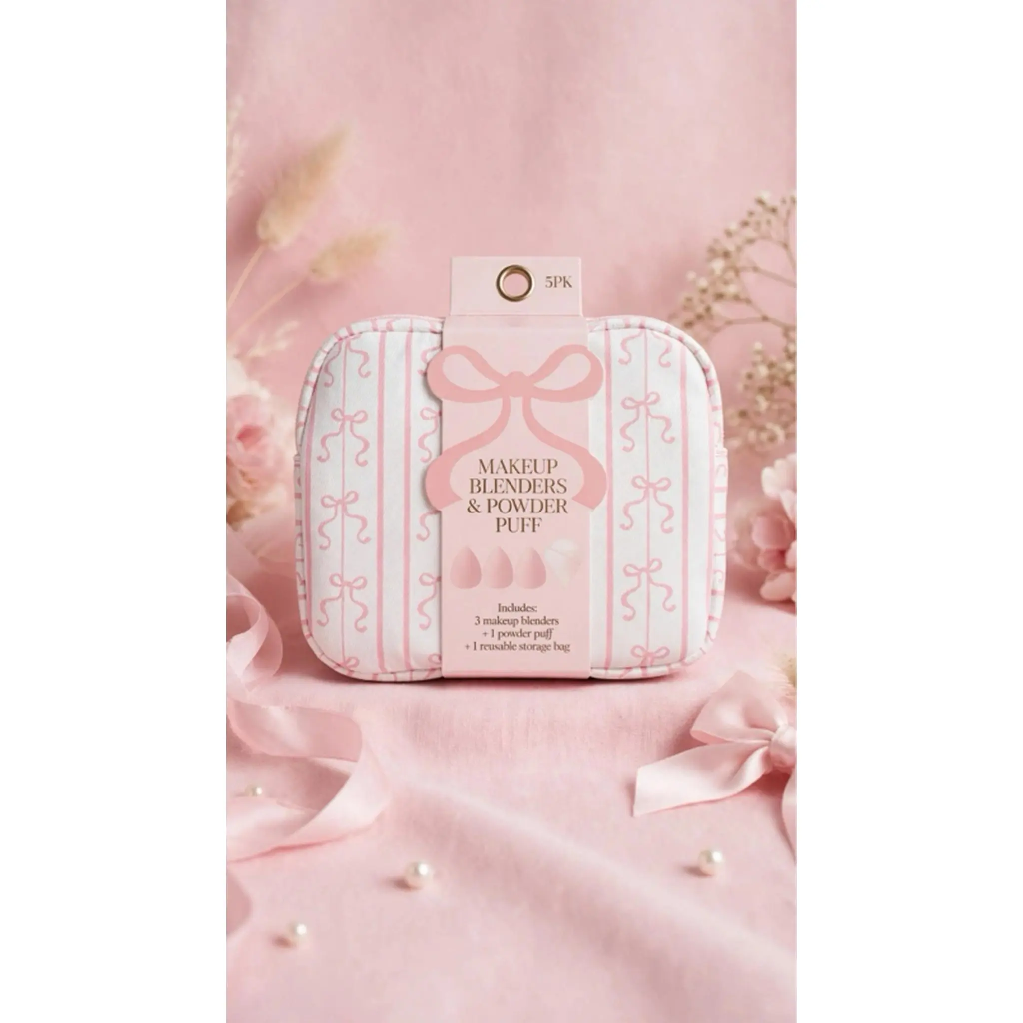 Cute Coquette Makeup Blender Set 5PK - 3 Soft Pink Sponges, 1 White Powder Puff, Reusable Pink Bow Bag - Travel-Friendly, Latex-Free, Non-Irritating air cushion