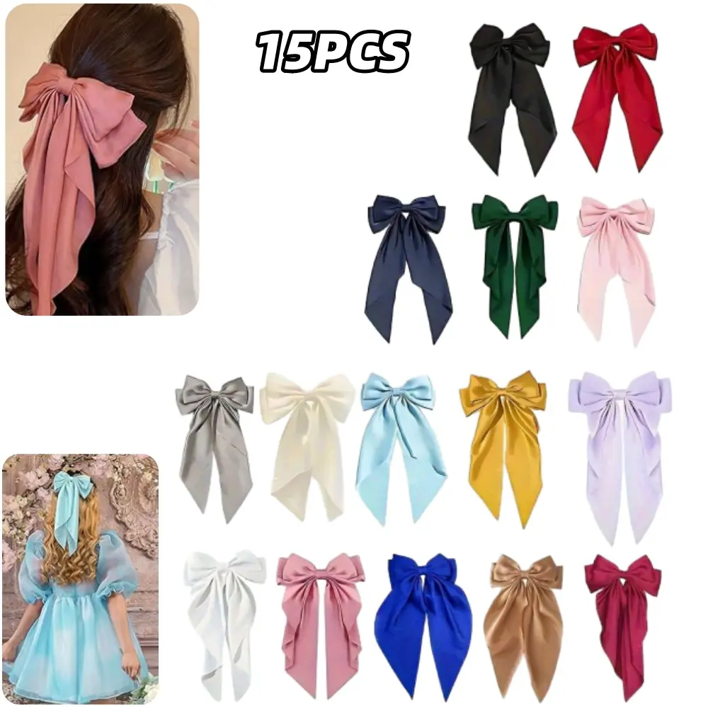 Women's & Girls' 8/15 PCS Large In Hair Ribbon Barrette Bows with Long Tails - Vintage French Fashion Hair Accessories, Hair Bows