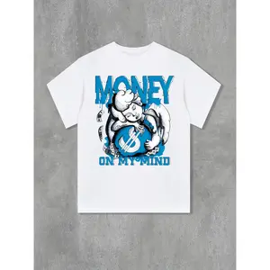 Carpesun unisex's Casual Loose Fit Round Neck Graphic T-Shirt - White with Blue Money Print & Dollar Sign Design, Breathable Summer Tee, Machine Washable, streetwear,fashion top