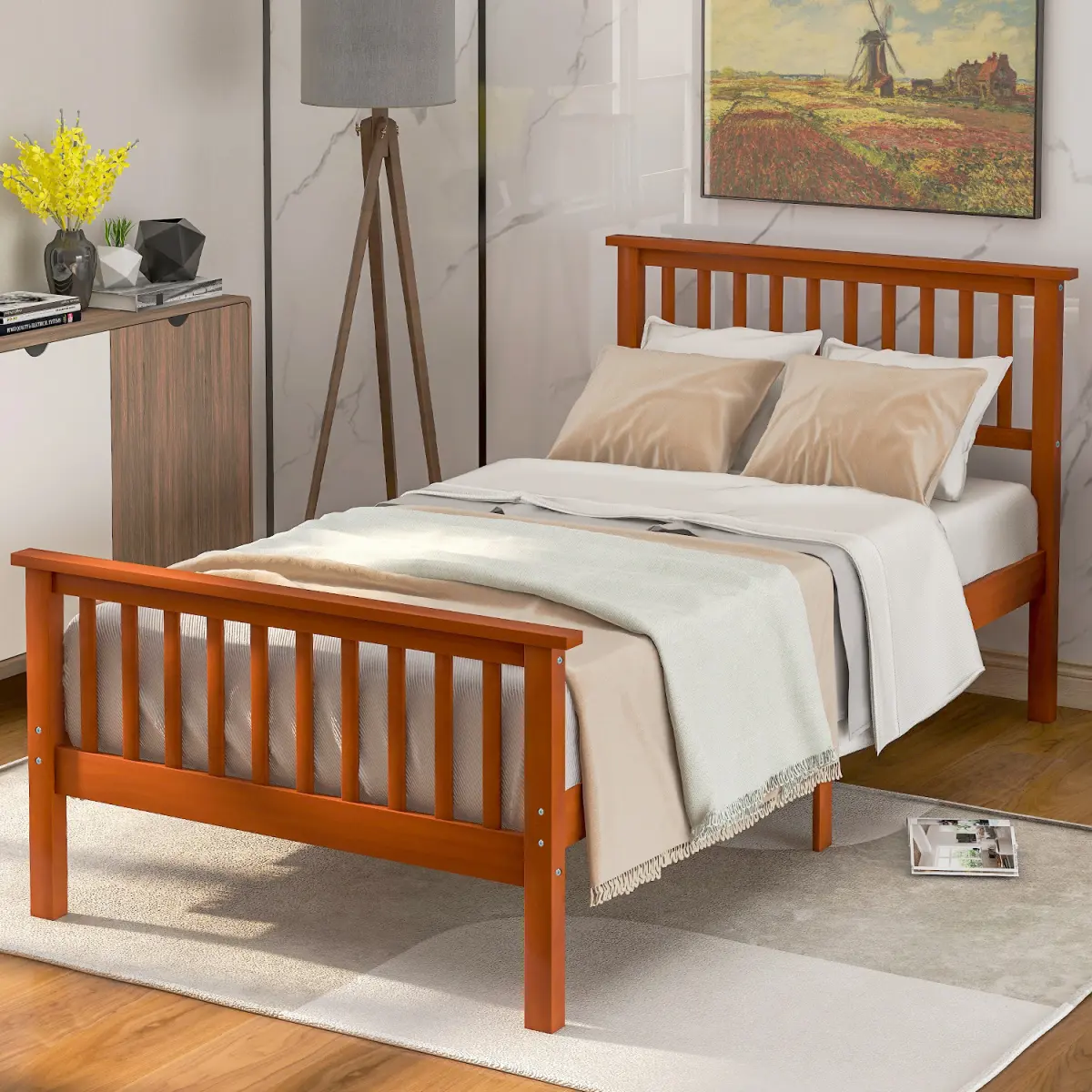 [Fahuac] Twin Bed Frame with Headboard and Footboard - 100% Pine Natural Wood-Finished Elevated Bed Frame, 275LB Weight Capacity, 6 Legs, No Box Spring Required, Wood-Finished Bed Frames