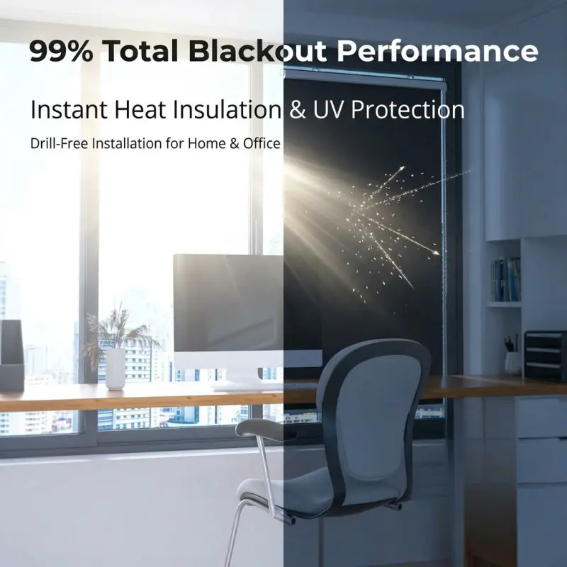 Drill-free window blackout roller shade with 99% light blocking rate. It features UV protection and heat insulation, suitable for homes, cars and offices.