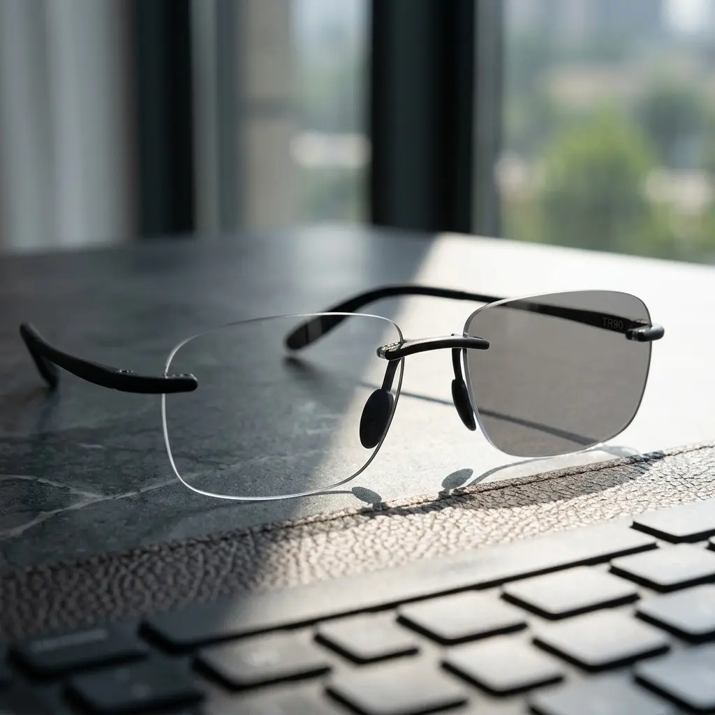 Photochromic Sports Eyewear for Male Drivers, Rimless TR90 Memory Frame with Anti-Blue Light Lenses & UV400 Sun Protection, One Size, Driving / Ootd