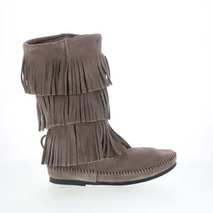 Minnetonka 3 Layer Fringe Boot 1631T Womens Gray Suede Mid Calf Boots