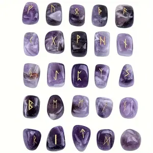 Natural Amethyst Furtak Viking Rune Stone Set, Engraved Nordic Witchcraft Healing Crystal Aura Gemstone Irregular Shape, 25 Piece Set