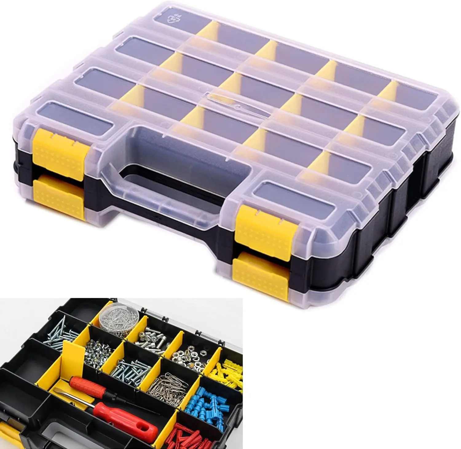 Tools Organizer Box Small Parts Storage Box 34-Compartment Double Side Hardware Organizers with Removable Plastic Dividers for Screws Nuts Nails Bolts No Warranty