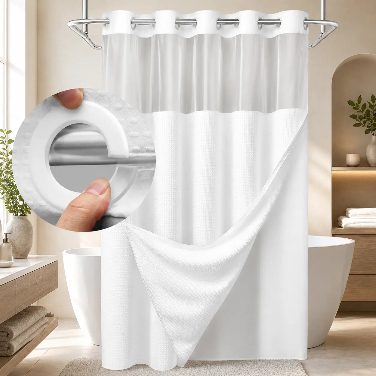 White Double Layer Waffle-Pattern Shower Curtain - No Hook Snap-in Liner, Fabric Waterproof Inner & Washable White Outer Cloth, Modern Bathroom Accessory for Home/Hotel/Salon/Dorm, 72x75 Inch