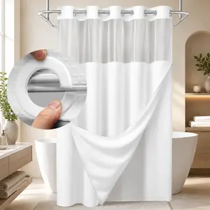White Double Layer Waffle-Pattern Shower Curtain - No Hook Snap-in Liner, Fabric Waterproof Inner & Washable White Outer Cloth, Modern Bathroom Accessory for Home/Hotel/Salon/Dorm, 72x75 Inch