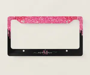 Black Hot Pink Magenta Glitter Dripping Monogram License Plate Frame