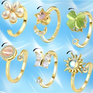 6Pcs Fidget Anxiety Rings for Women, Golden Adjustable Open Spinner Rings for Anxiety, Stress Relief Rotating Rings with Butterfly Sun Star Flower Four-Leaf Clover Designs, Fidget Jewelry for Women