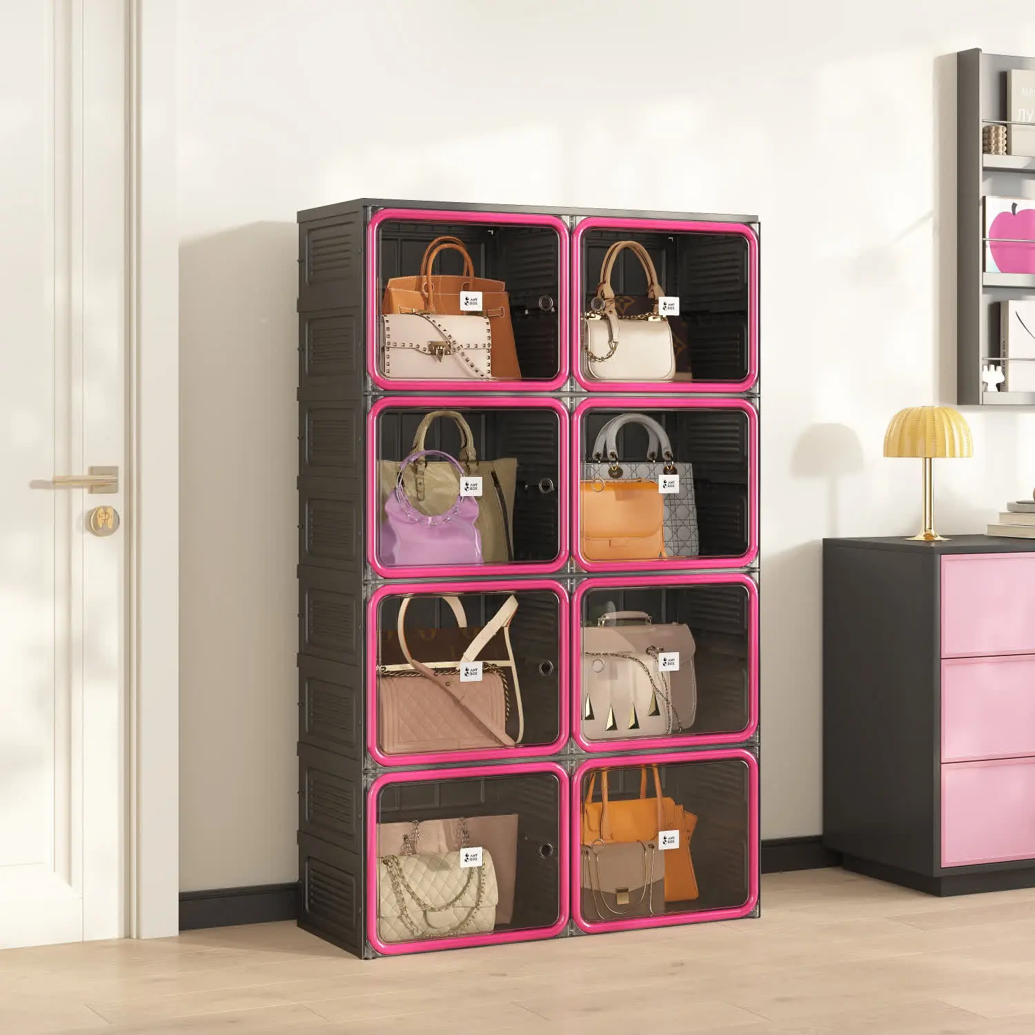 ANTBOX 4 Tier Double-Column Boots & Bags Storage Cabinet, Foldable Organizer for Tall Boots, Handbags & Accessories, Black & Rose Red Dustproof Storage Cabinet with Magnetic Clear Doors, Space Saving Closet Organizer for Bedroom & Entryway