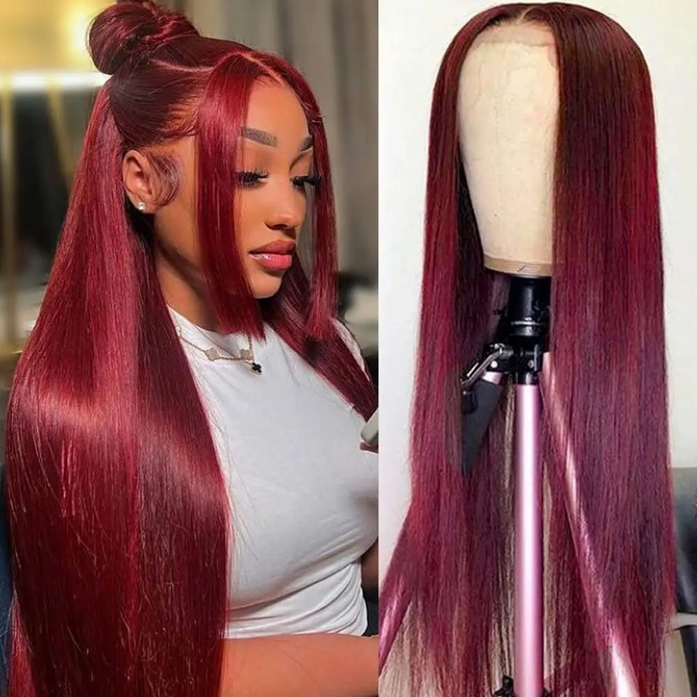 idoli hair 99J Burgundy Straight Cut Lace Front Wig Human Hair, 13x4 HD Transparent Lace with 180% Density, Glueless Pre-Plucked, Standard Medium Cap Size, Can Be Dyed, Last For One More Year