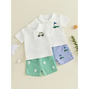 Baby Toddler Boys Summer Outfits 6 12 18 24 Months 2T 3T 4T Embroidery Lapel Short Sleeves T-Shirt and Elastic Striped Shorts Clothes Set