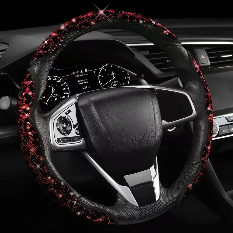 Sparkly Diamond Leopard Steering Wheel Cover 3 Pack, Universal 14.5-15 Inch Non Slip Leather Steering Wheel Wrap For Cars