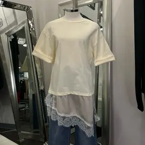 Rose Side Lace T-Shirt Beige Women's Casual Top with Elegant Lace Detailing