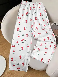 Women's Cute Cherry Print Casual Pants, Soft Comfortable Drawstring Waist, All Seasons Home Leisure Wear, Sweet Fresh Style