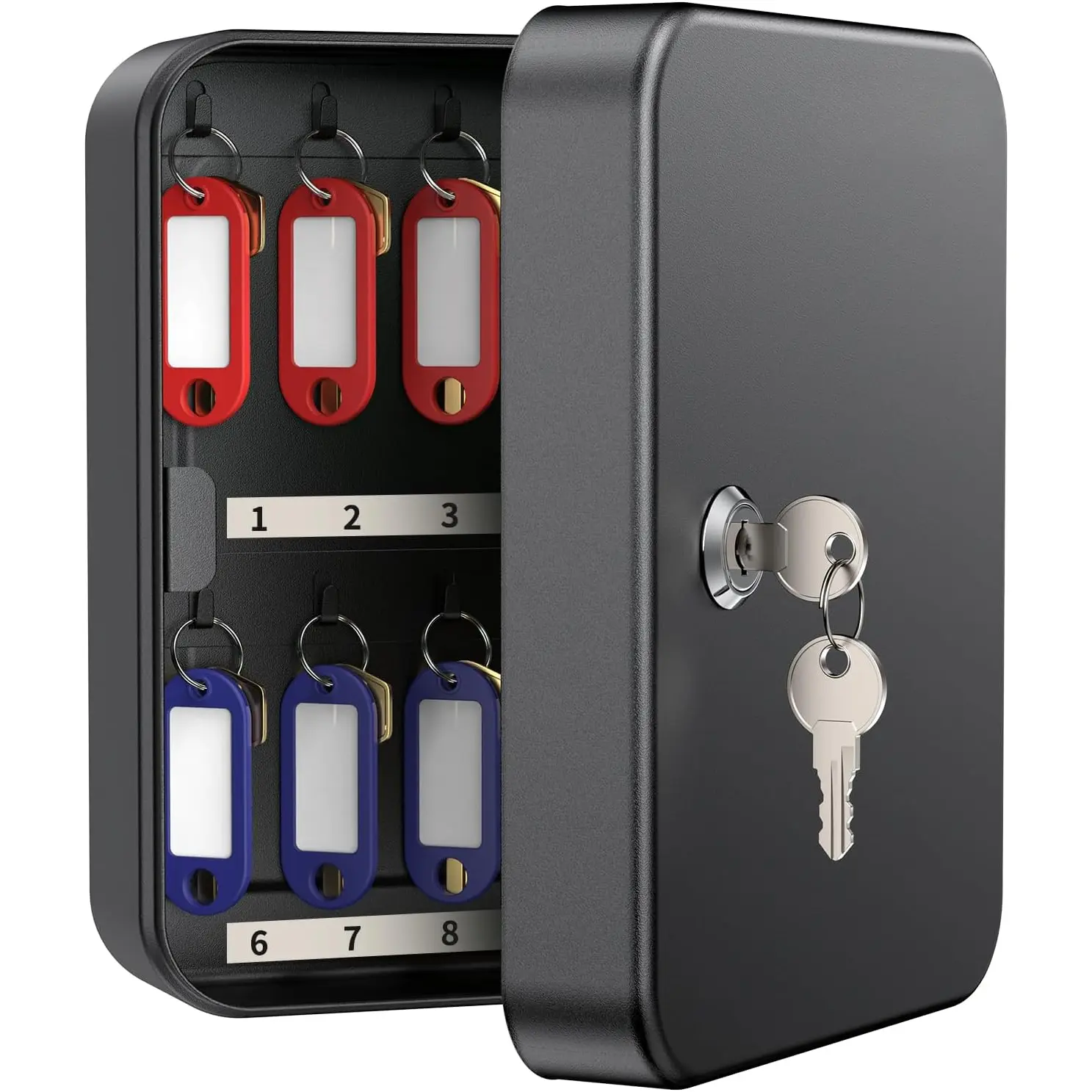 20 Position Key Cabinet with Key Lock Wall Mounted Black Security Storage Box Steel Key Organizer with Colorful Key Tag Labels Stickers and Hooks