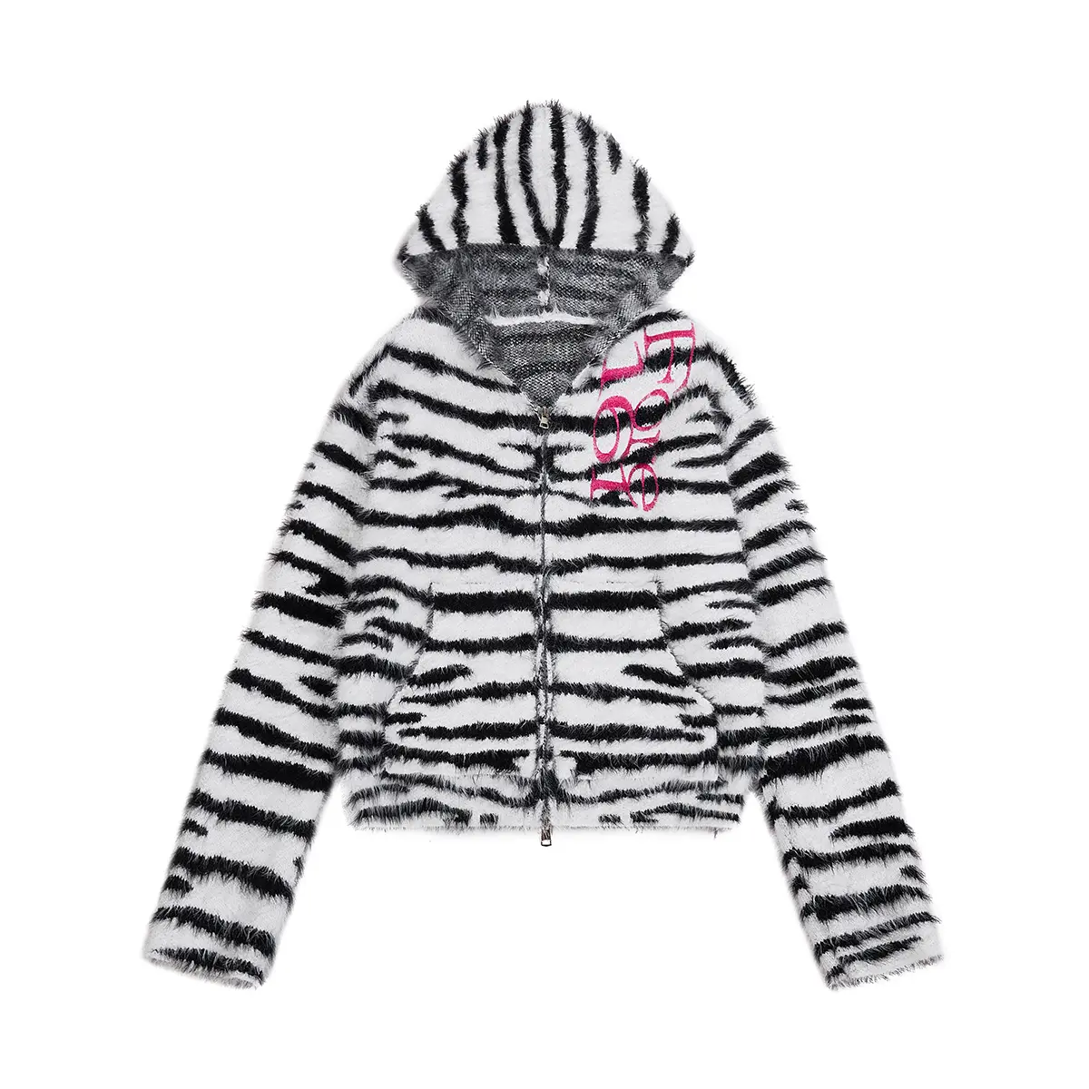 FDR Women’s Zebra Print Plush Letter Graphic Hooded Jacket, Cozy Fleece Zip-Up Outerwear with Streetwear Style