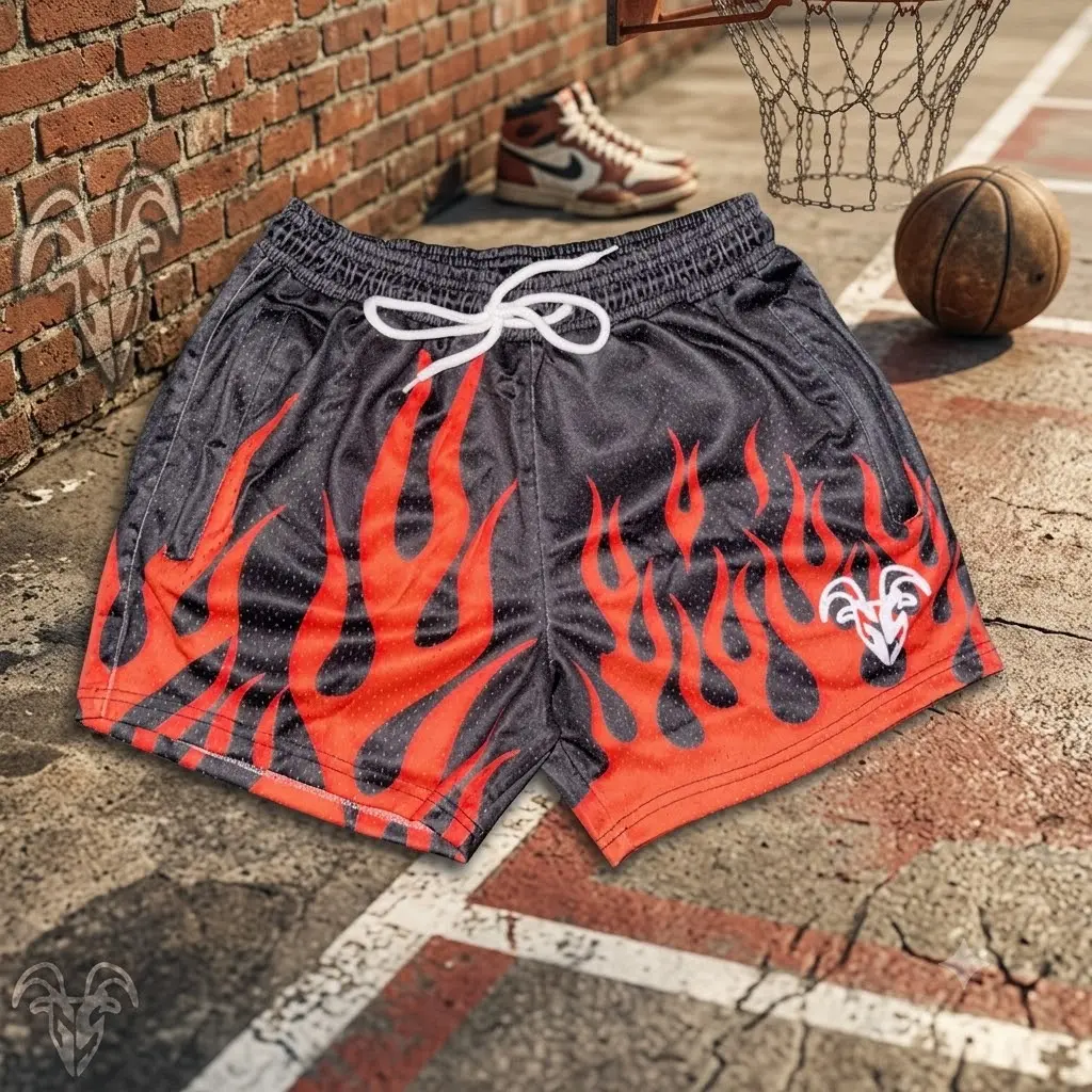 GOAT Black Red Flame Mesh Shorts Skull Goat Head Logo Print Loose Fit Gym Athletic Casual Unisex Streetwear Workout All Season Breathable Comfortable Flame Graphics Summer Short Quick Dry Short