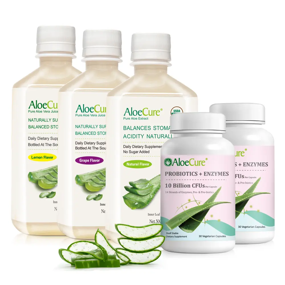 AloeCure Organic Aloe Vera Healthy Beverage with 2x Probiotics - 5-Pack Assortment: Grape, Natural, Lemon Flavors, Gluten Free