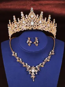 A set of fashionable jewelry for women's weddings, bridal accessories, grand rhinestone crowns with necklaces and earrings, 4-piece wedding jewelry set, suitable for weddings, parties, parties, and golden dances