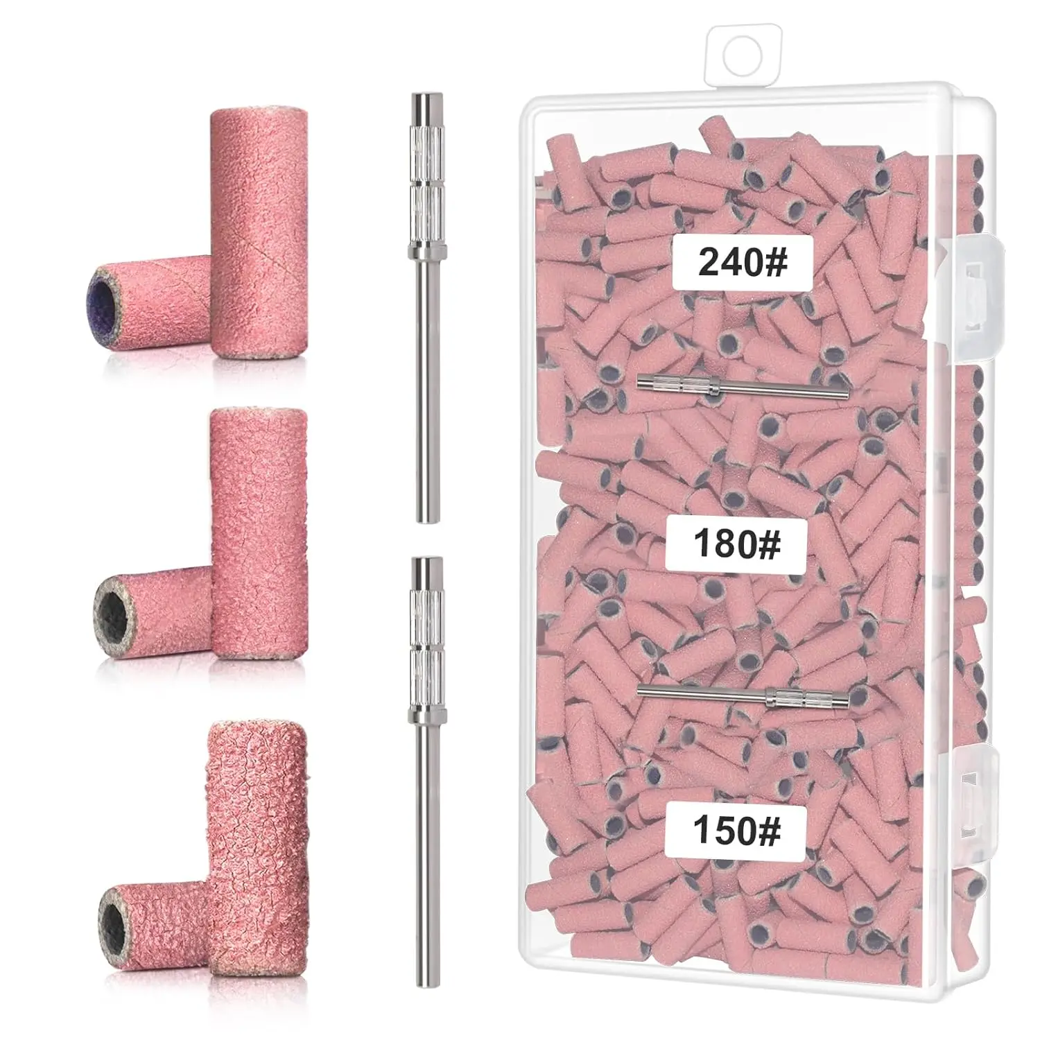 300-Count Mixed Grit Mini Abrasive Sanding Bands Pack for 3/32" Drill Bits - 2 Slip Over Mini Mandrel Bits (150,180,240 Grits: Coarse to Fine) for Salon Manicure, Nail Polish Prep, Smooth Nail Care
