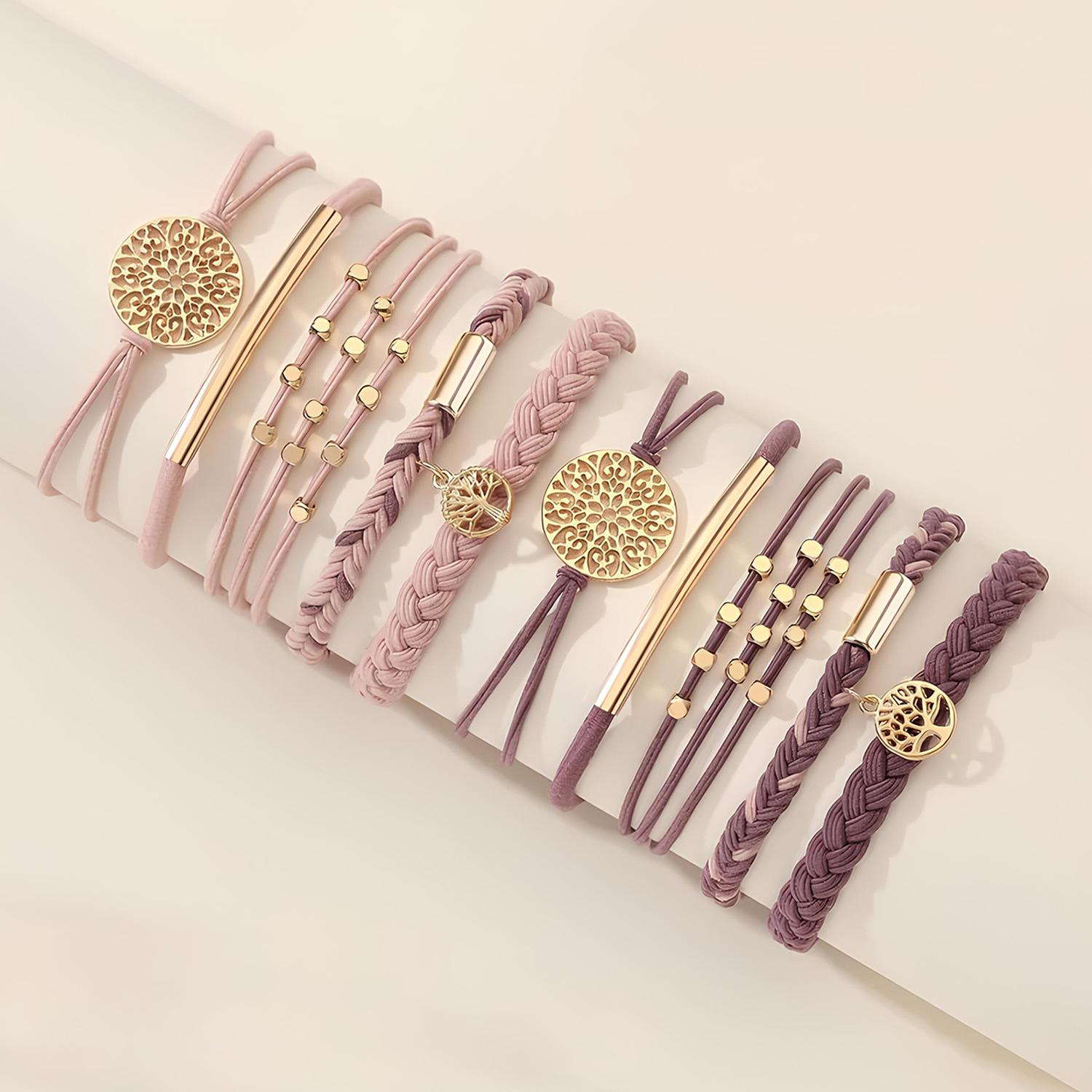 10 Boho Bracelets, Braided & Stretch Hair Ties for Thick/Thin Hair, 5 Styles, Light Coffee Colors - No Damage Ponytail Holders