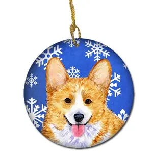 212 MAIN Round Gloss Finish Ceramics Corgi Ornament - 2.81" Diameter Porcelain Decoration, Hand-Painted Winter Snowflakes, Festive Christmas Home Holiday Personalized Gift