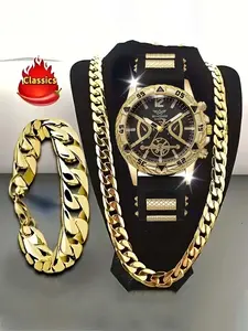 3-piece, Luxurious jewelry set - Choose between gold and silver colors, this luxurious men's quartz watch set with bracelet and necklace, perfect for business and casual wear, ideal as a gift for boyfriend, father, or special occasion