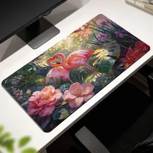 Premium Romantic Flamingo Couple In Tropical Garden Illustration High Quality Mouse Pad Modern Office Gaming Comfort Experience Non Slip Durable For Daily Work And Play  40*80 Size.