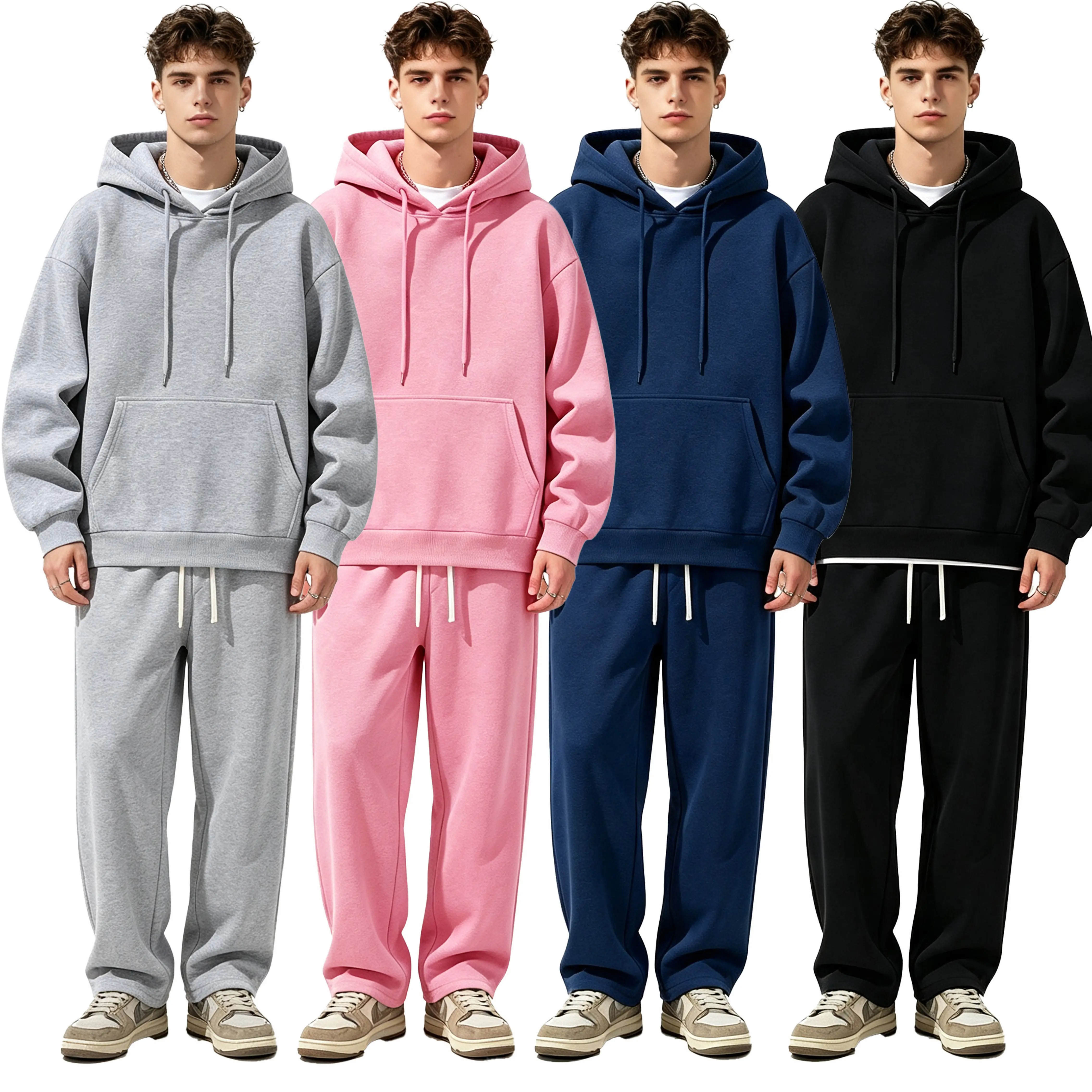 Oversized Plain Hoodie Sweatpants Set Men, Solid Color No Logo Hooded Tracksuit, Casual Streetwear Matching Outfit