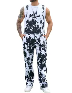 YUANBANG Unisex Cow Print Overalls – Trendy Animal Print Denim Jumpsuits with Adjustable Straps & Pockets, Loose Fit Bib Pants for Men