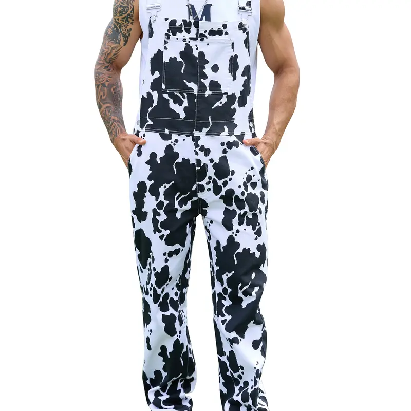 YUANBANG Cow Print Overalls for Men and Women Stretchy Trendy Halloween Animal Print Denim Jumpsuits with Adjustable Straps, Zip & Pockets, Bib Pants Western Cowboy Menswear Country Fashion Outfits Fall Winter Farm Style Workwear Concert 2026 New Style