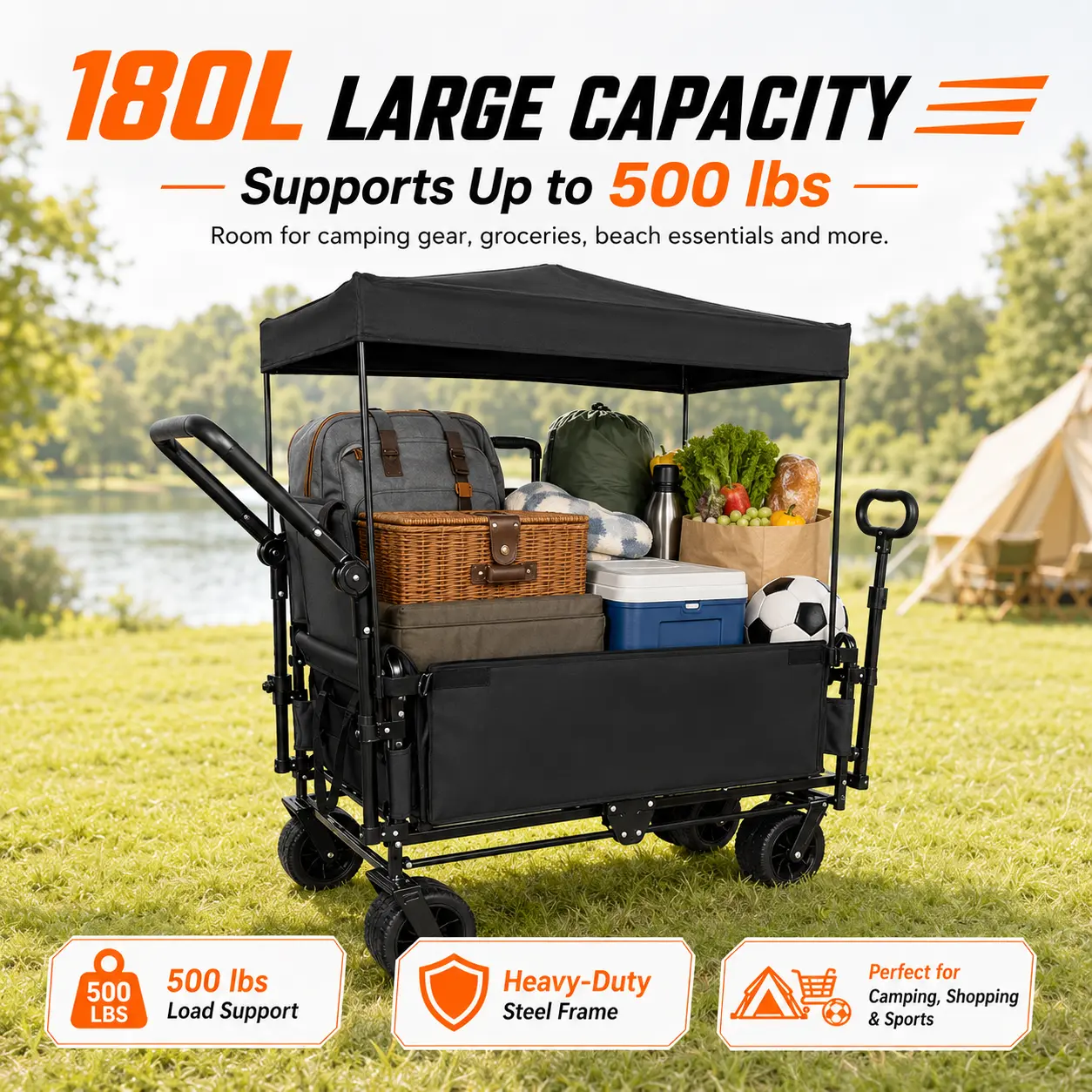 3-in-1 Collapsible Utility Wagon with Bench Seat, Removable Canopy & Brakes, 500lbs Large Foldable Cart All-Terrain Wheels for Garden Camping Shopping-0028