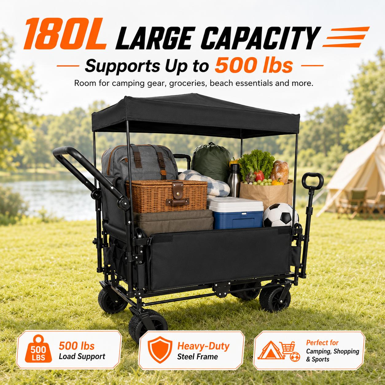 3-in-1 Collapsible Utility Wagon with 180L Capacity, Steel Frame, Bench Seat, Removable Canopy, Brake System, 500lbs Load, All-Terrain Wheels for Garden Camping-0028 3-in-1 Collapsible Utility Wagon with 180L Capacity, Steel Frame, Bench Seat, Removable Canopy, Brake System, 500lbs Load, All-Terrain Wheels for Garden Camping-0028
