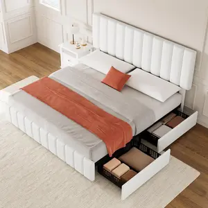 Garvee Versatile Upholstered Platform Bed Frames with Adjustable Linen or Velvet Headboards, Wooden Slats Support, Noise-Free Design, No Box Spring Needed, Multiple Sizes, 4 Storage Drawers, Easy Assembly, Available in White, Grey, Black