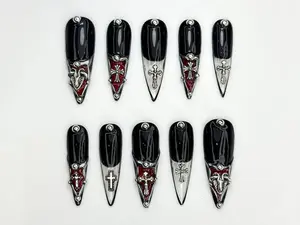 Gothic Cross Tip Press On Nails | Vampire Red & Black Nails | Gothic Triangle Accent Nails | Religious Symbol Nails | Dark Glam Nail