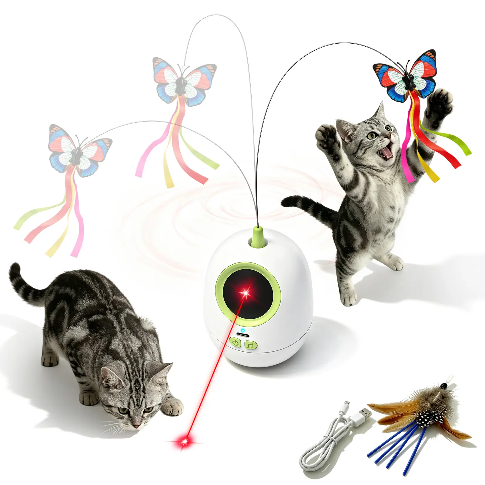Fuufome 3-in-1 Interactive Cat Toy - 360° Non-Tip-Over Laser Pointer, Automatic Rotation, Adjustable Speed, Built-In Bird Sound Card, Colorful Feather Butterfly Chase, Rechargeable, for Small/Medium/Large Cats