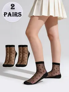 2 pairs of women's spring and summer thin glass fiber polka dot knee-high socks breathable versatile black silk stockings Soft Comfy Socks