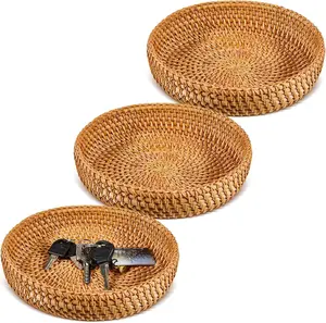3 Pcs Small Round Basket for Entryway Table Woven Wicker Key Bowl Basket Rattan Round Tray Organizing for Key Wallet Cell Phone Fruit Food Holder Decorative Table Storage (Brown)
