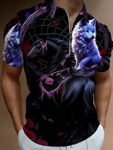 Dark Wolf Totem Print Short Sleeve Polo Shirt, Men's Trendy Personalized Top, European & American Style Cool Design, New Summer Casual Men's Wear