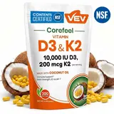 VEV Vitamin D3 & K2 Softgel Supplement, 10,000 IU D3, 200 mcg K2, Corefeel 300 Count