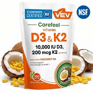 VEV Corefeel Vitamin D3 K2 10000 IU, 300 Virgin Coconut Oil Softgels, 2 in 1 Vitamins Supplement D & K, Dietary Supplemental Pack, Mothersdaygift, Summervibes, NSF Certified