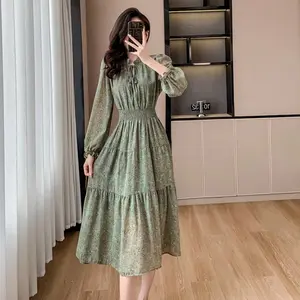2026 Spring Summer Women's French Vintage Ruffle Neck Dress, Lantern Sleeve Elastic Waist Slim Fit Print Chiffon Dress