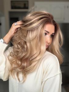 Carkira Mia Blonde with Brown Wig Highlight 13x4 Lace Front Wigs Loose Body Wave Synthetic Fiber Pre Plucked 18Inch for Women